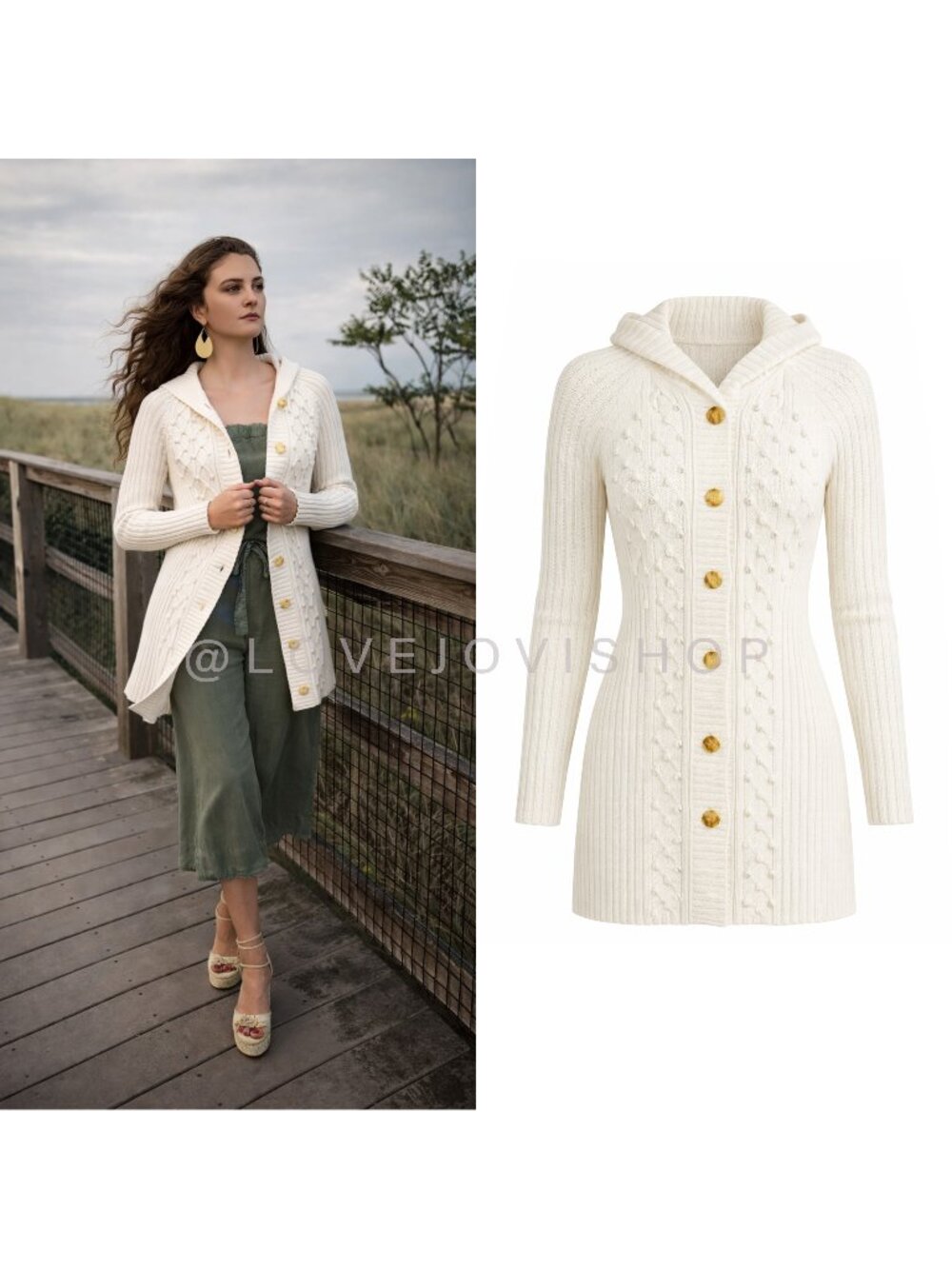 Sweater | Cable Knit Hooded Cardigan Button Front Longline Cream | Preppy Spring